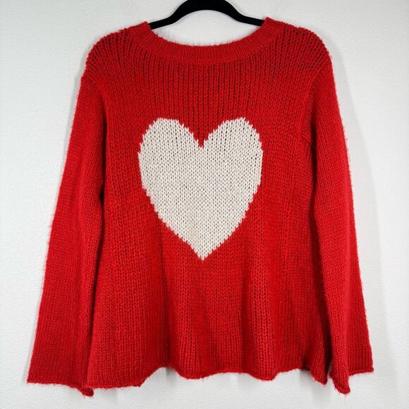 Wooden Ships Red Heart Crewneck Sweater Mohair Wool Blend Red Pink S/M - Picture 1 of 4